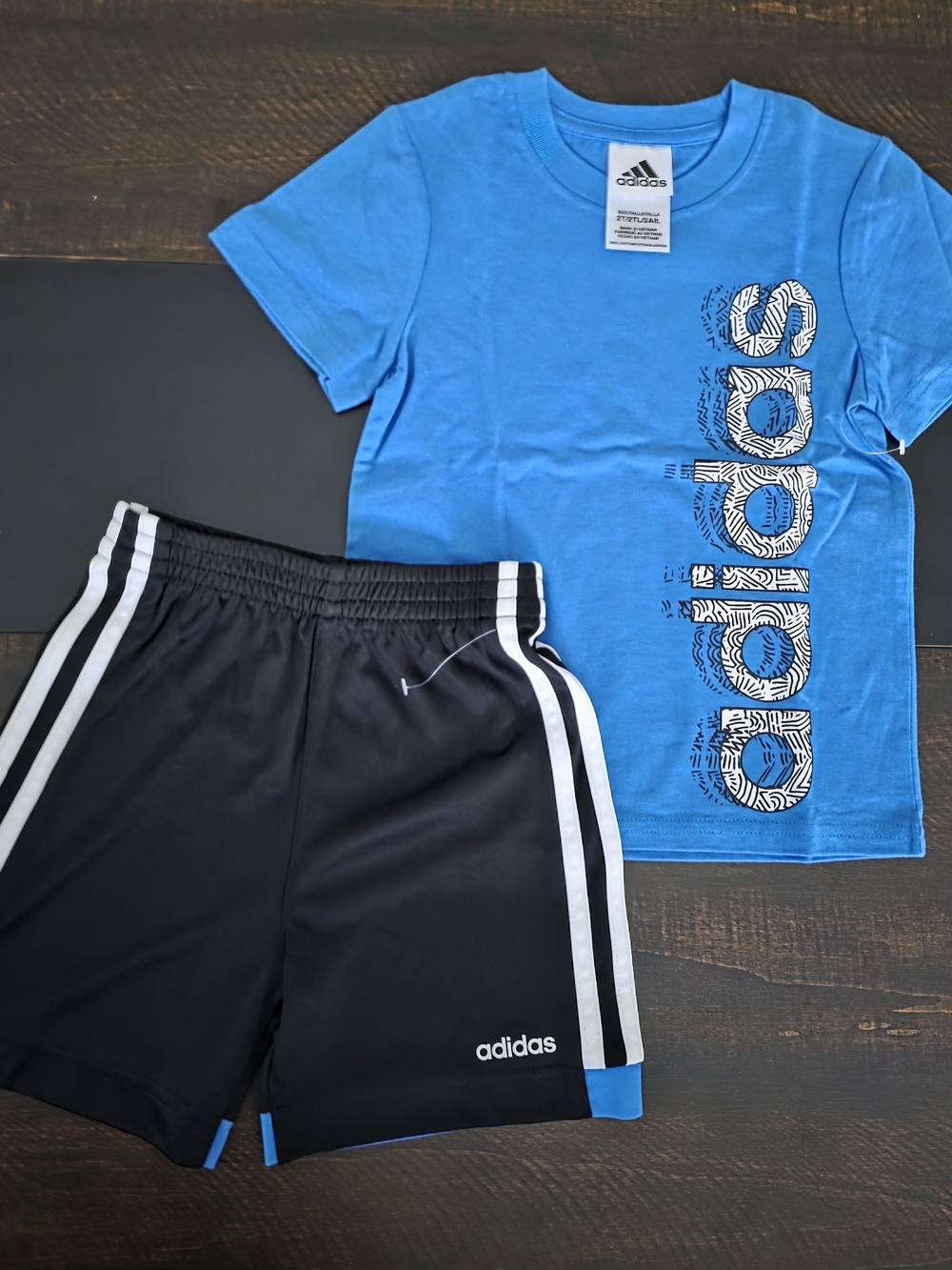 Adidas Boys Blue Graphic Tee & Black Shorts Set